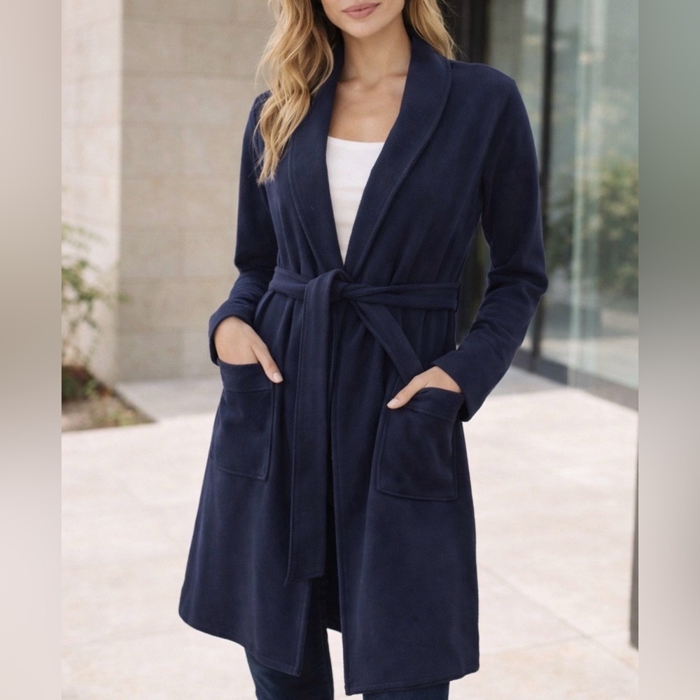 Tahari Navy Belted Shawl Collar Cardigan Coatigan L Cozy Minimalist NWT